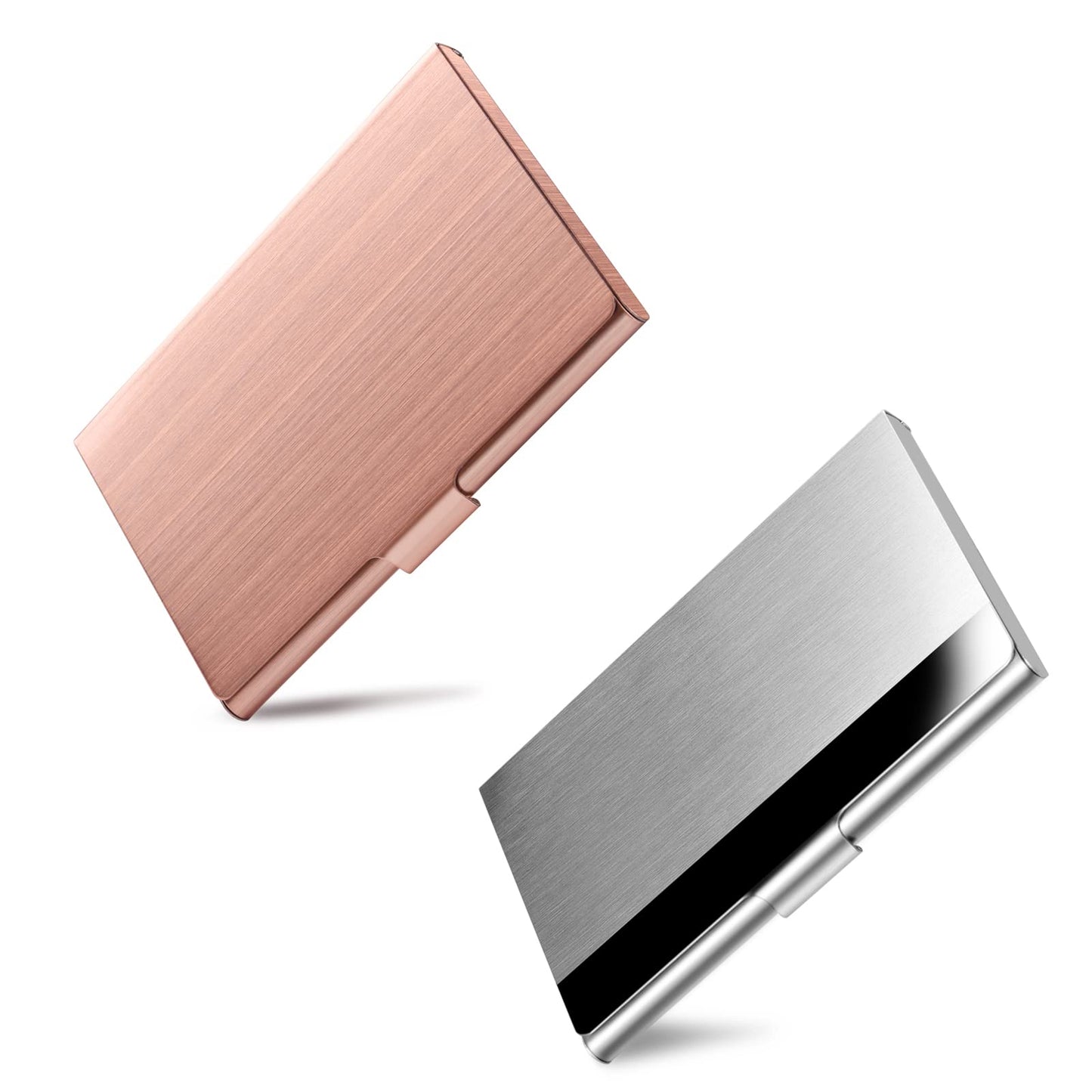 DMFLY Business Card Holder, Slim Business Card Case for Men & Women, Pocket Metal Card Case, Professional Stainless Steel Business Card Holders, Buckle Style Shut, 1PCS Rose Gold and 1PCS Silver