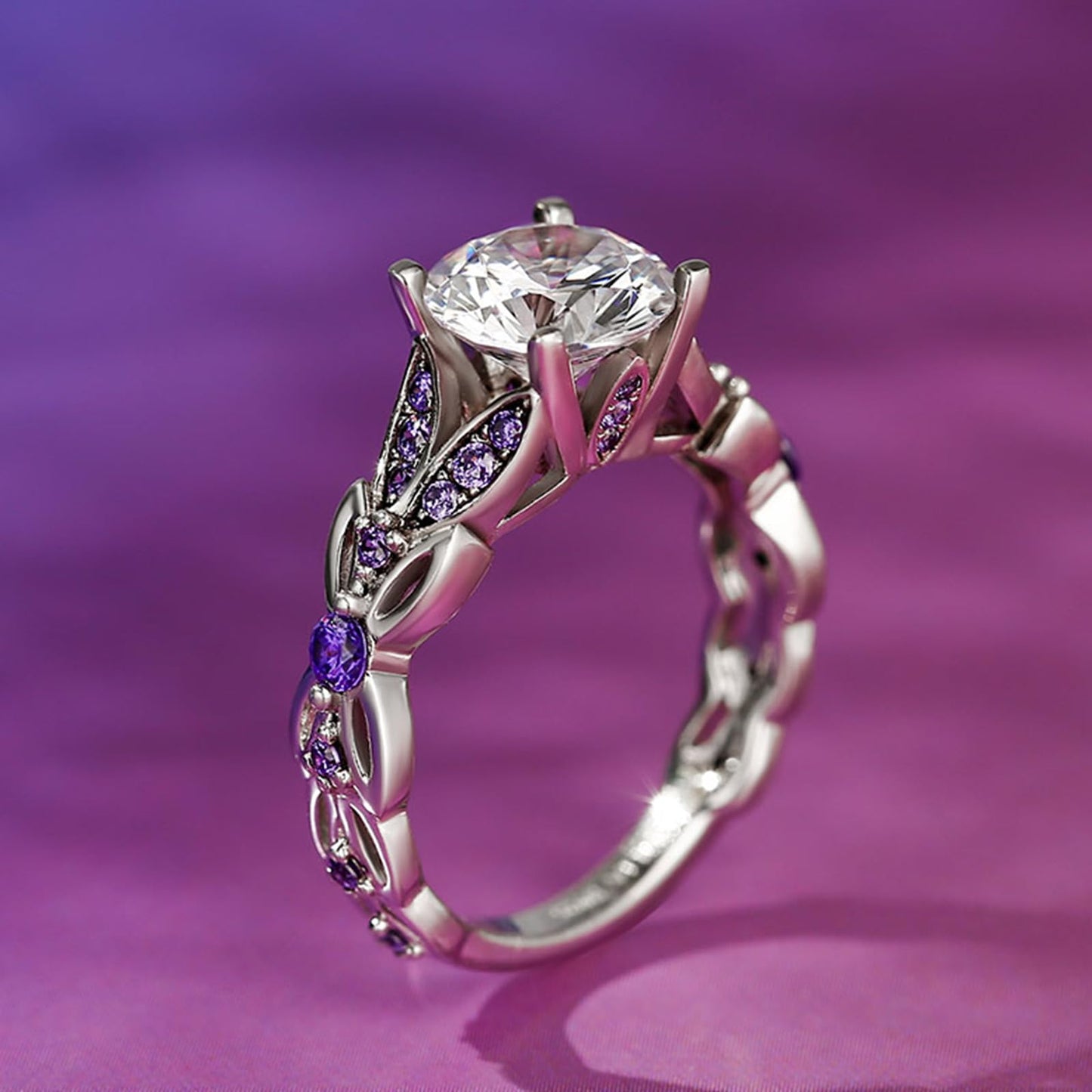 Jeulia 4.3 Carat Personalized Sterling Silver Butterfly Rings for Women Purple Amethyst Birthstone Bridal Rings Set Round Cut Wedding Engagement Promise