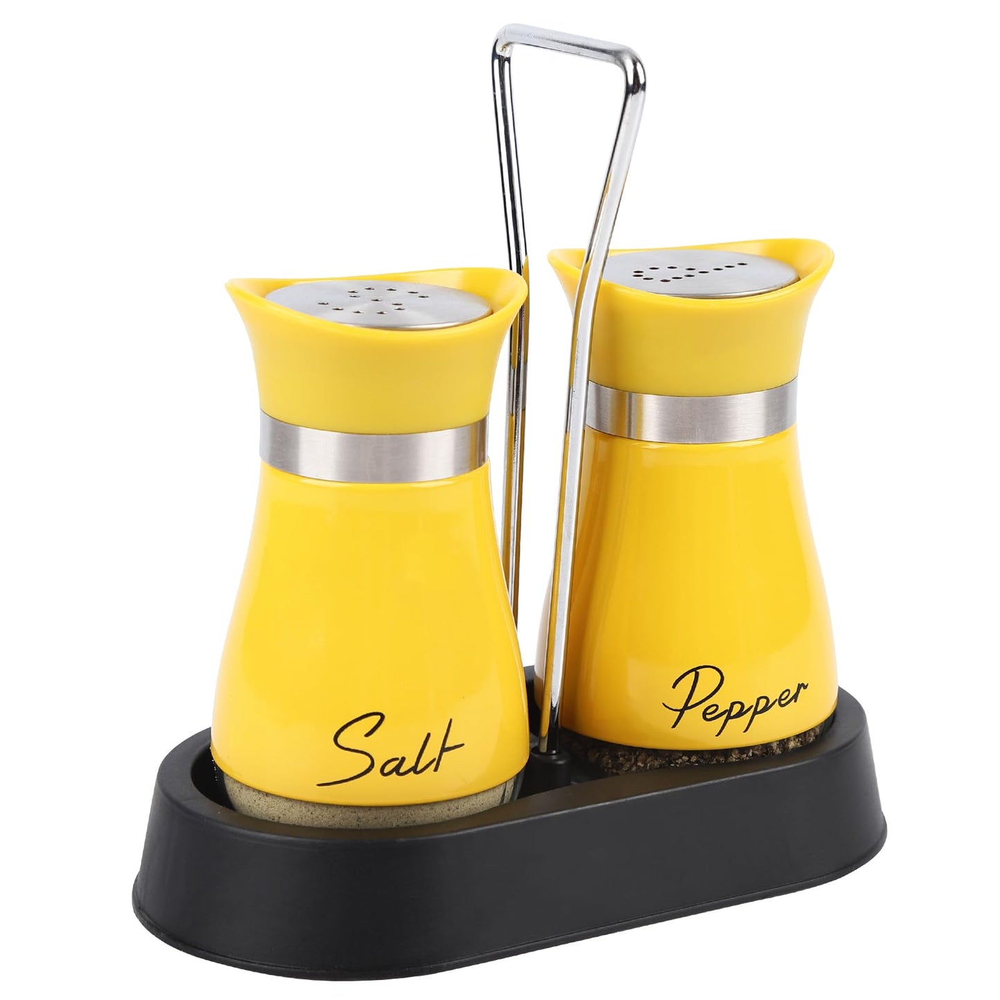 Salt and Pepper Shakers Set, 4 oz Stainless Steel Salt Shaker with Holder, Farmhouse Salt Pepper Shaker Containers with Glass Bottom for Kitchen Cooking Table, BBQ, Bar, RV, Camp (Yellow)