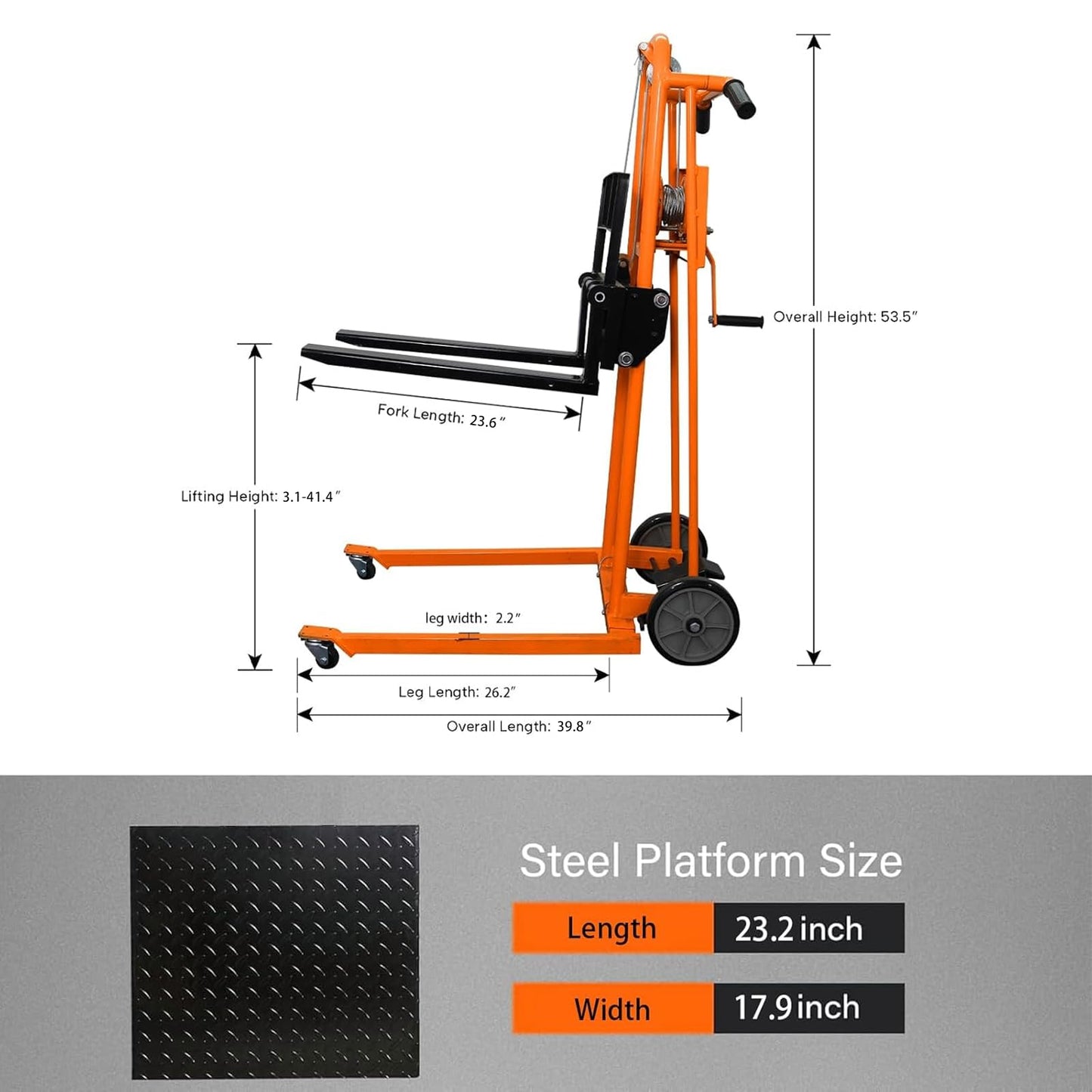 APOLLOLIFT Material Lift Winch Stacker, 500 lbs Capacity 41.4" Lifting Height, Manual Stacker Pallet Jack Truck Dolly with Swivel Casters and Lift Plate(Orange)