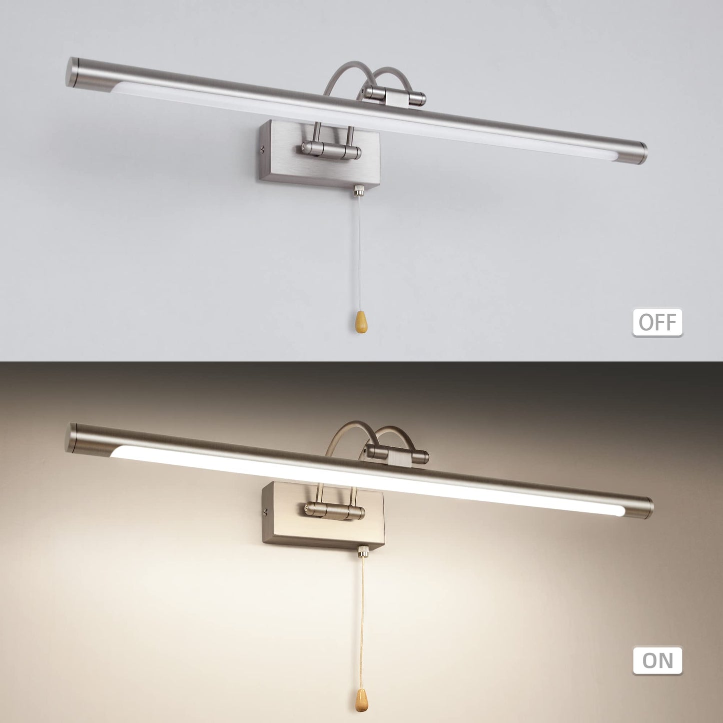 MantoLite 60CM LED Bathroom Wall Lights with Pull Cord Swivel Lamp Head Long Silver Wall Lights for Pictures,Frames&Art Painting IP44 Over Mirror Lamp for Shaving 12W