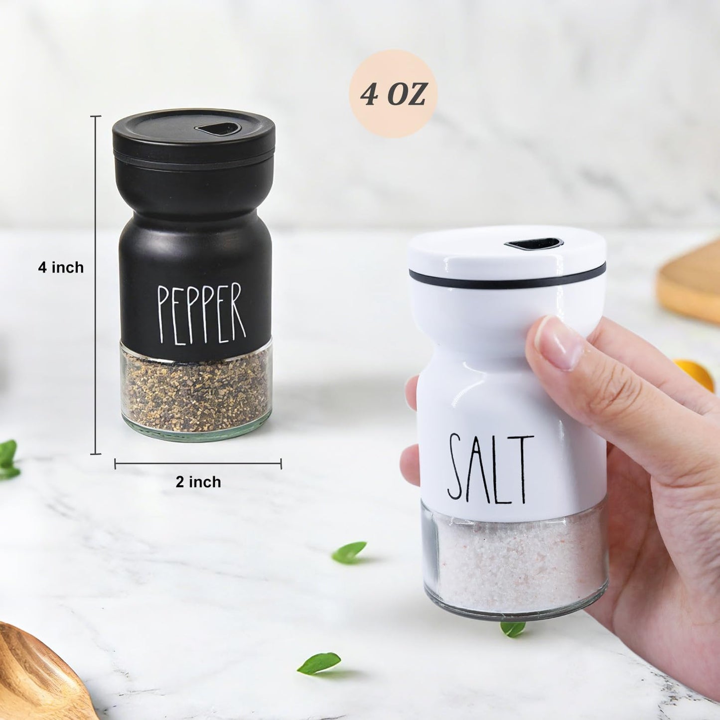 4oz Salt and Pepper Shaker Set with 4 Adjustable Pour Settings, Easy Refill Glass Shakers, Farmhouse Style for Kitchen, Dining Table, BBQ, RV & Camping