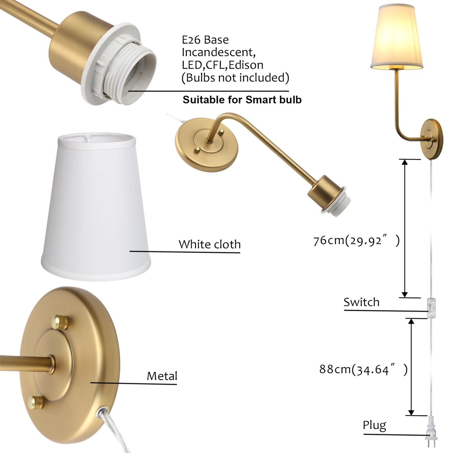 Pathson Set of 2 Plug in Wall Sconces, Rustic Wall Lighting Fixtures with On/Off Switch and Pure White Fabric Lampshade, Antique Brass Wall Lamps for Living Room Bedroom
