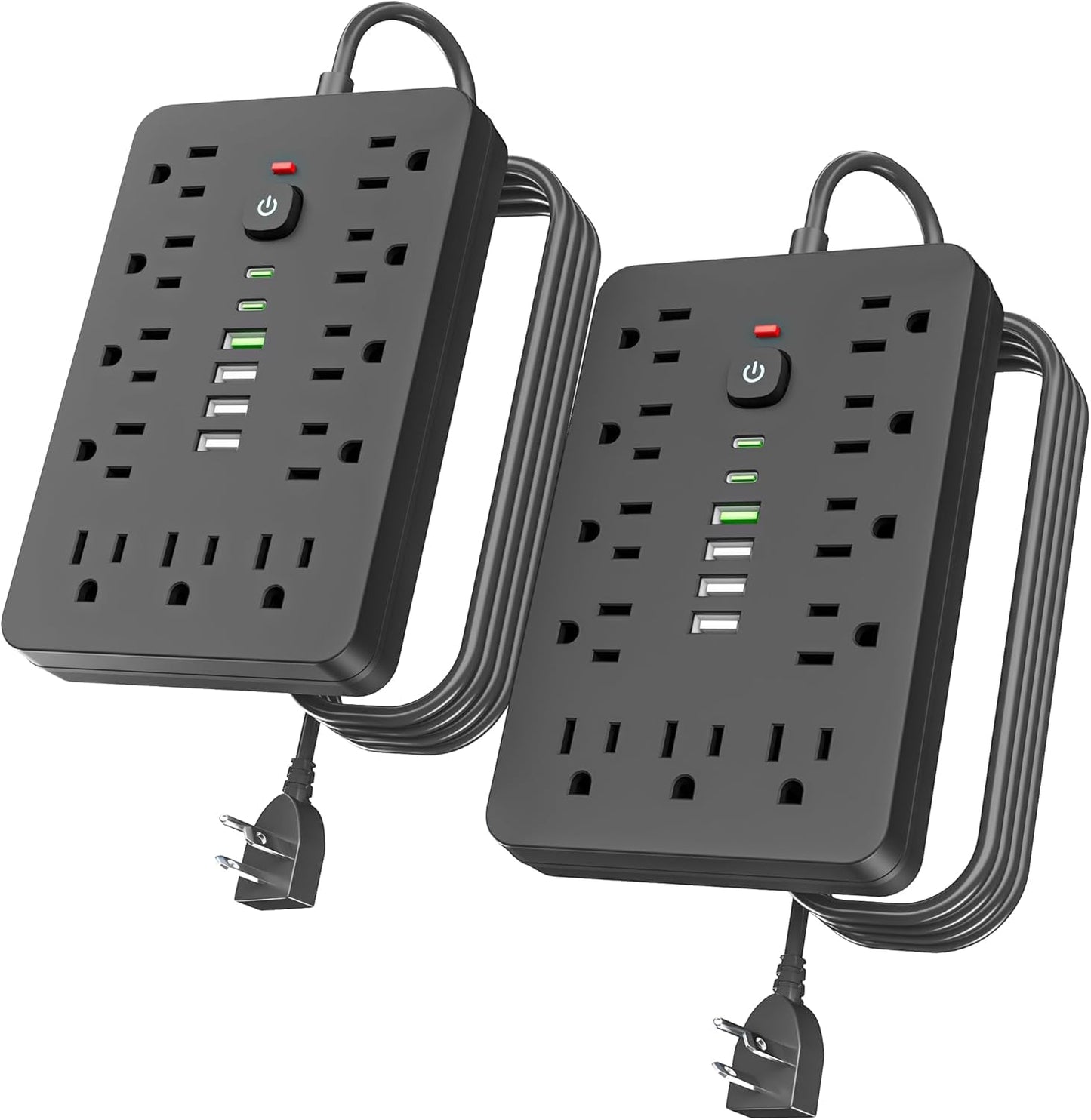 6 FT Flat Plug Surge Protector Power Strip,11 Multiple AC Outlets with 6 USB Ports (2 USB C), 6 Feet Extension Cord, 1250W/10A, One Touch Switch Button, 17 in 1 Compact powerstrip