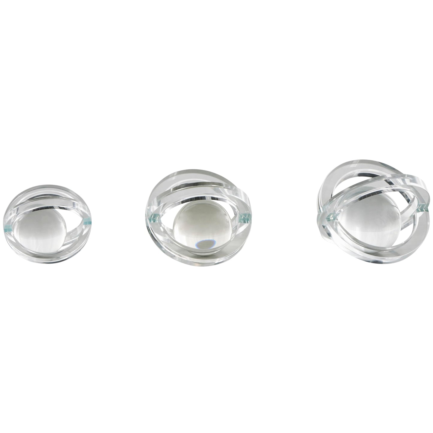 Deco 79 Glass Geometric Decorative Sculpture Orb Home Decor Statues with Overlapping Rings and Ball Center, Set of 3 Accent Figurines 4", 4", 3" H, Clear
