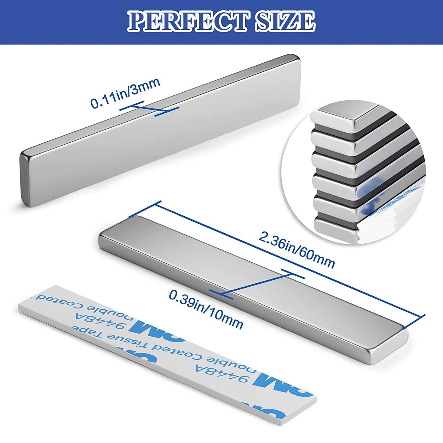 16 Pack Strong Magnet, Neodymium Magnetic Bar, 60 x 10 x 3 mm Rare Earth Magnet, Bar Magnets, Extremely Powerful Magnets with 16 Pcs Double-sided Adhesive for Multi-Use
