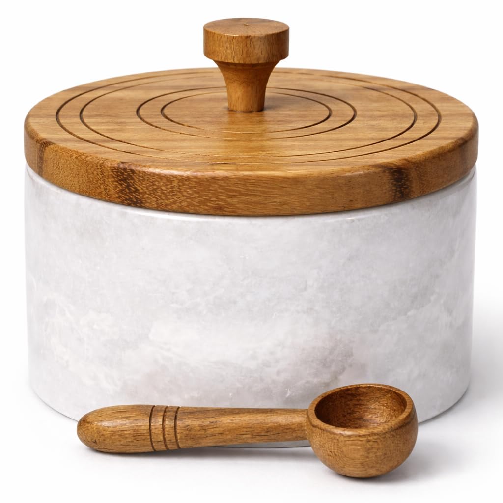 Marble salt cellar with lid and spoon, salt container with spoon, salt bowl with acacia wood lid, salt holder for countertop, salt jar - White