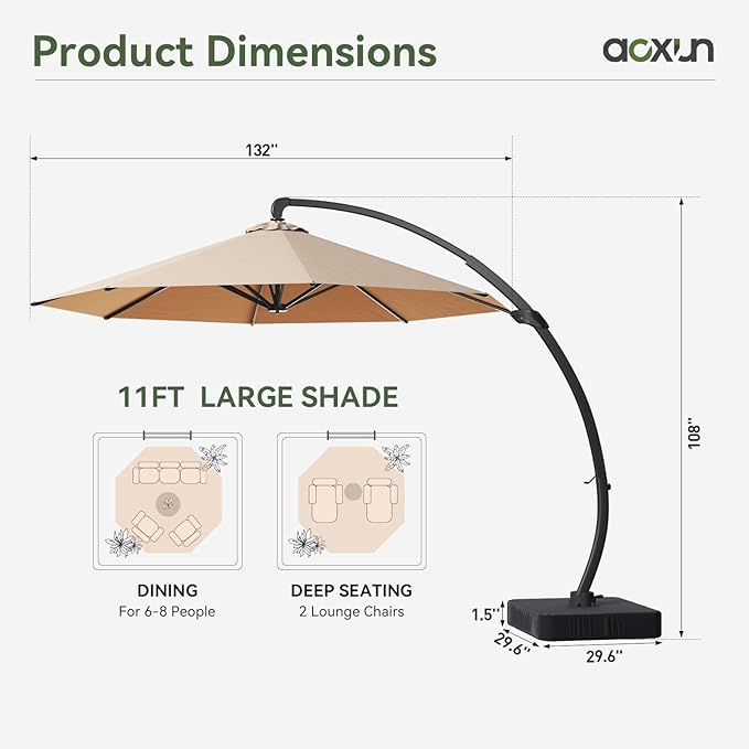Aoxun 11 FT Cantilever Umbrella with Base Included, Patio Large Aluminum Offset Umbrella Windproof with 360°Rotation, Heavy Duty Frame for Outdoor, Pool, Deck and Garden