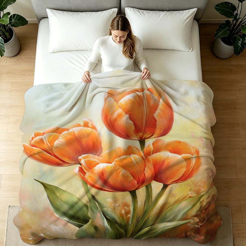HUNXIAOJ Tulip Blanket Floral Throw Blanket Tulip Gifts for Women Rustic Flower Decor Floral Bedding Warm Soft Flannel for Girl Sofa Couch (49in x 59in)