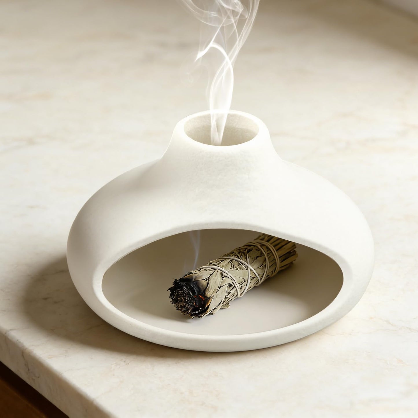 Palo Santo Holder Ceramic Incense Burner, Mini Chimney for Burning Sage and Incense Cones, Aromatic Smudge Bowl for Meditation and Yoga, Zen Room Decor, Easy-Clean Ash Catcher (White)