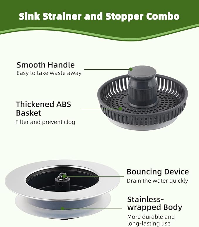 Universal 2PCS Kitchen Sink Strainer Stopper Combo, 3 in 1 Pop Up Kitchen Sink