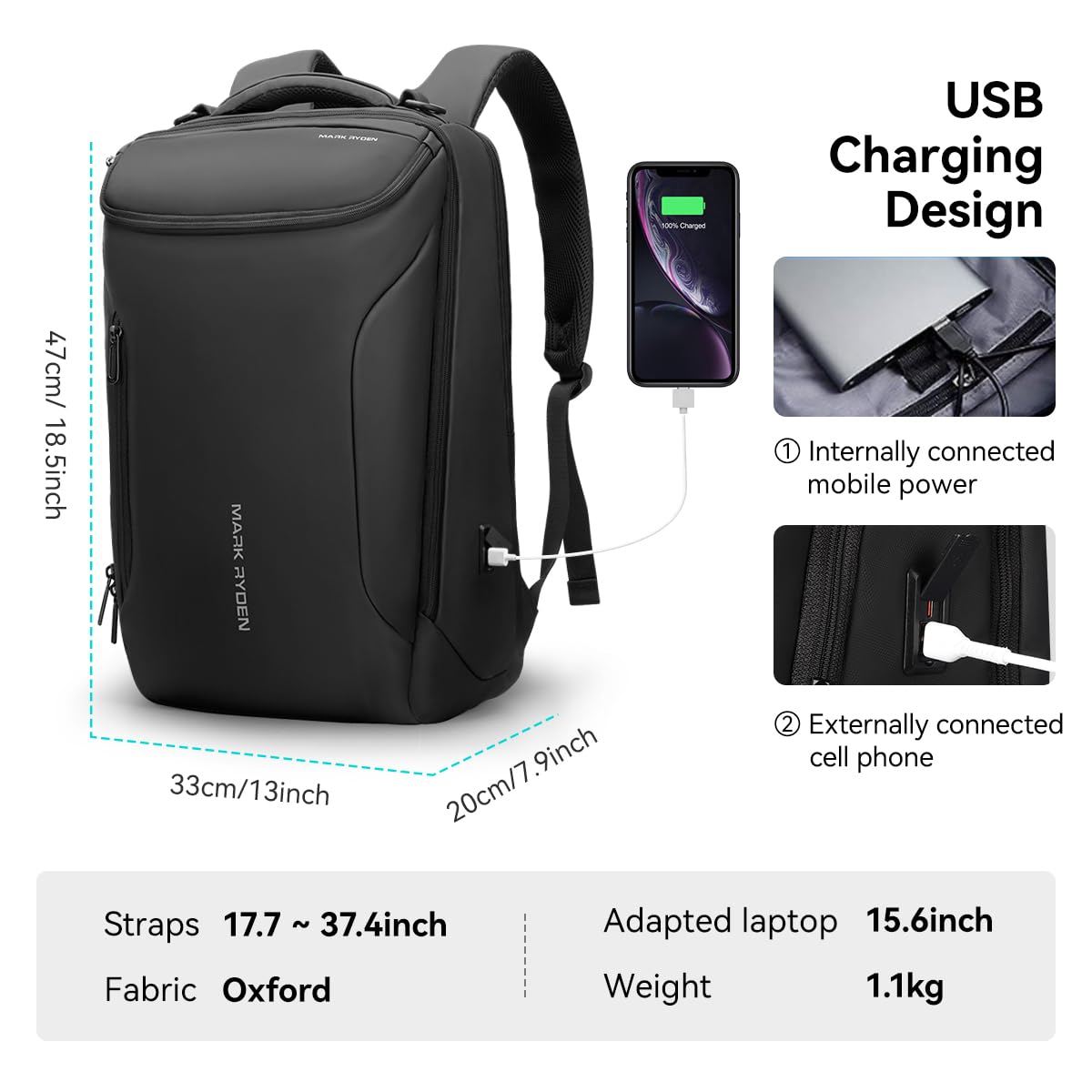 MARK RYDEN mens backpack Large Capacity waterproof laptop backpack business men with USB Charging Port for Official Travel Hiking Pack Fits Under 17.3 Inch Laptop