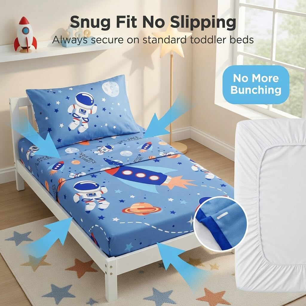 EVERYDAY KIDS 4 Piece Toddler Bedding Set - Outer Space Adventures - Includes Comforter, Flat Sheet, Fitted Sheet and Reversible Pillowcase