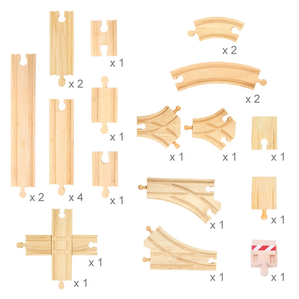 Bigjigs Rail Low Level Train Track Expansion Pack | 25 Wooden Pieces to Add on Starter Railway Set | Toy Trainset Includes Accessories, Connectors for Extension | Educational Gift for Kids ages 3+