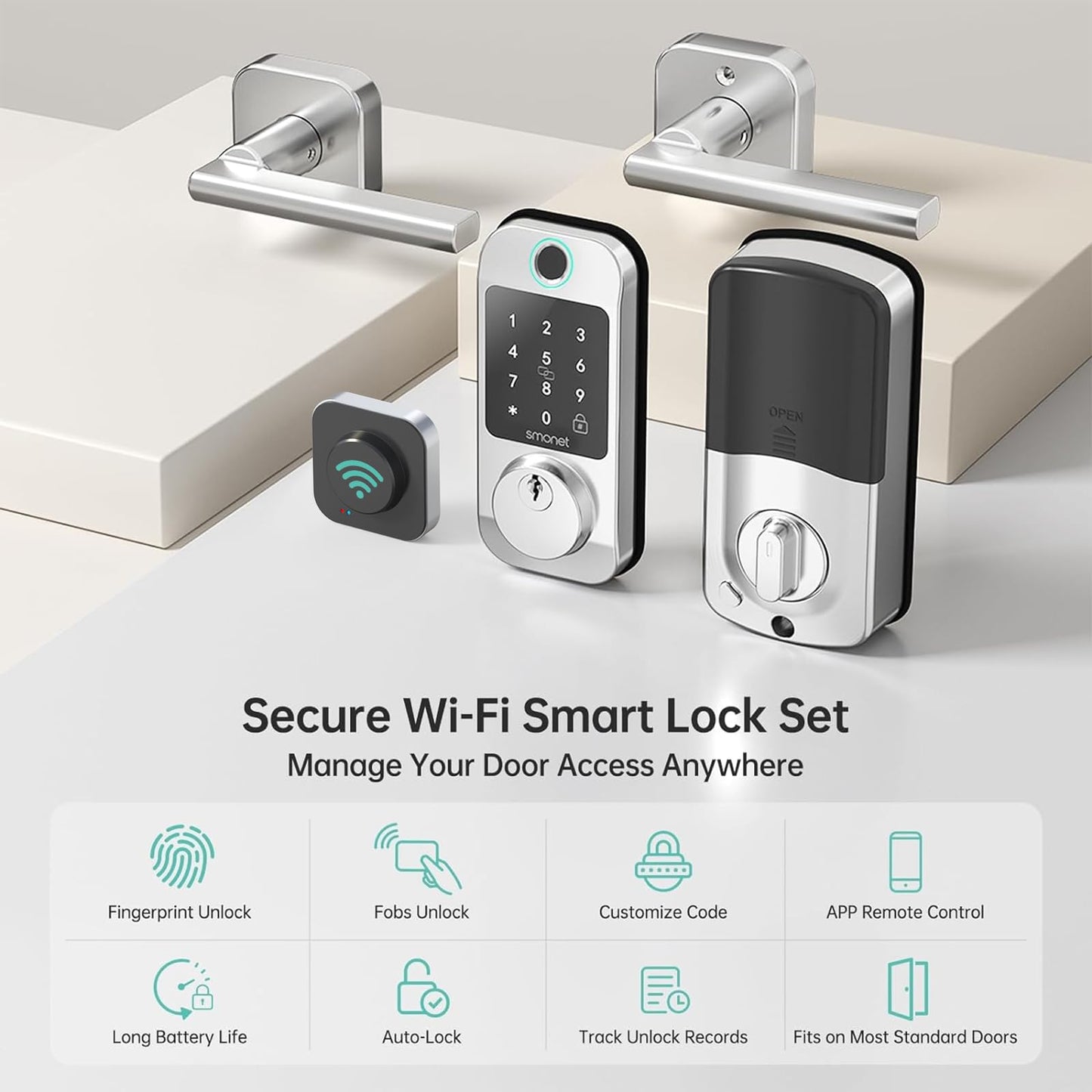 Keyless Door Lock with Handle Set - SMONET WiFi Fingerprint Smart Locks for Front Door, App Remote Control, Digital Bluetooth Keypad Deadbolt Set with Alexa, Auto Lock, Code, Fobs for Home Black