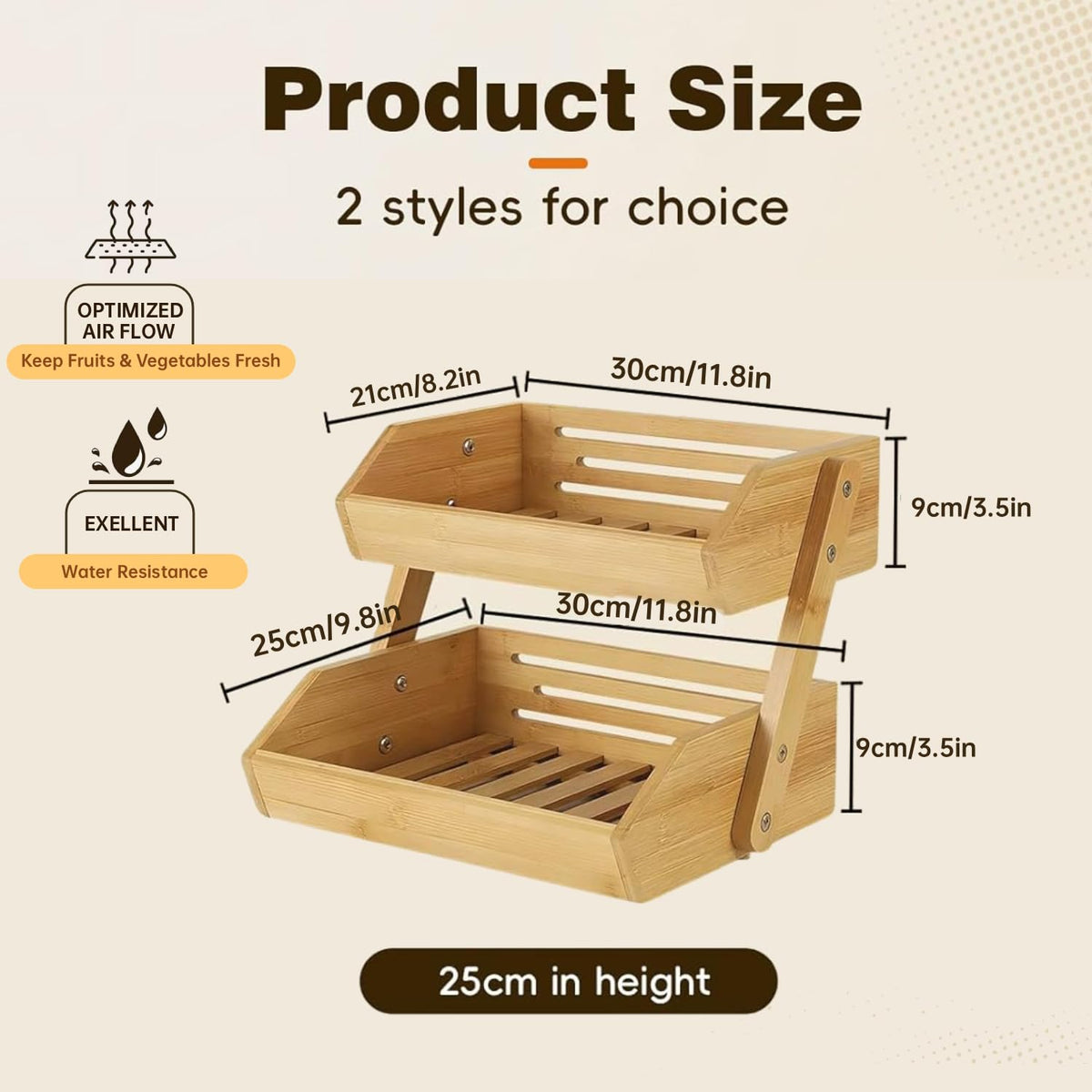 SYEIIYU 2 Tier Fruit Basket For Kitchen, Bamboo Vegetable Storage Bowl Stand with Banana Hanger Hooks, Produce Storage Wooden Basket, Snack Organizer for Countertop, Kitchen Counter Storage