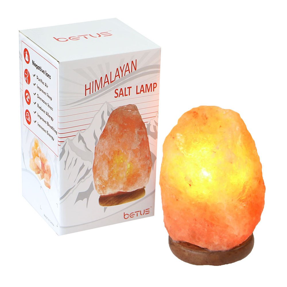 Betus [Natural Crystal Himalaya Salt Lamp Hand Carved on Wood Base with Dimmable Cord and Light Bulb - 6 to 7 Inches Height, 3 to 5 Pounds