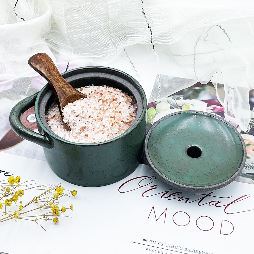 YILUSHENGHUA 8 oz Ceramic Salt Cellar with Lid & Wooden Spoon,Countertop Salt Container,Sugar Bowl,Spices Jar| Artisan Kitchen Decor(Deep Blue)
