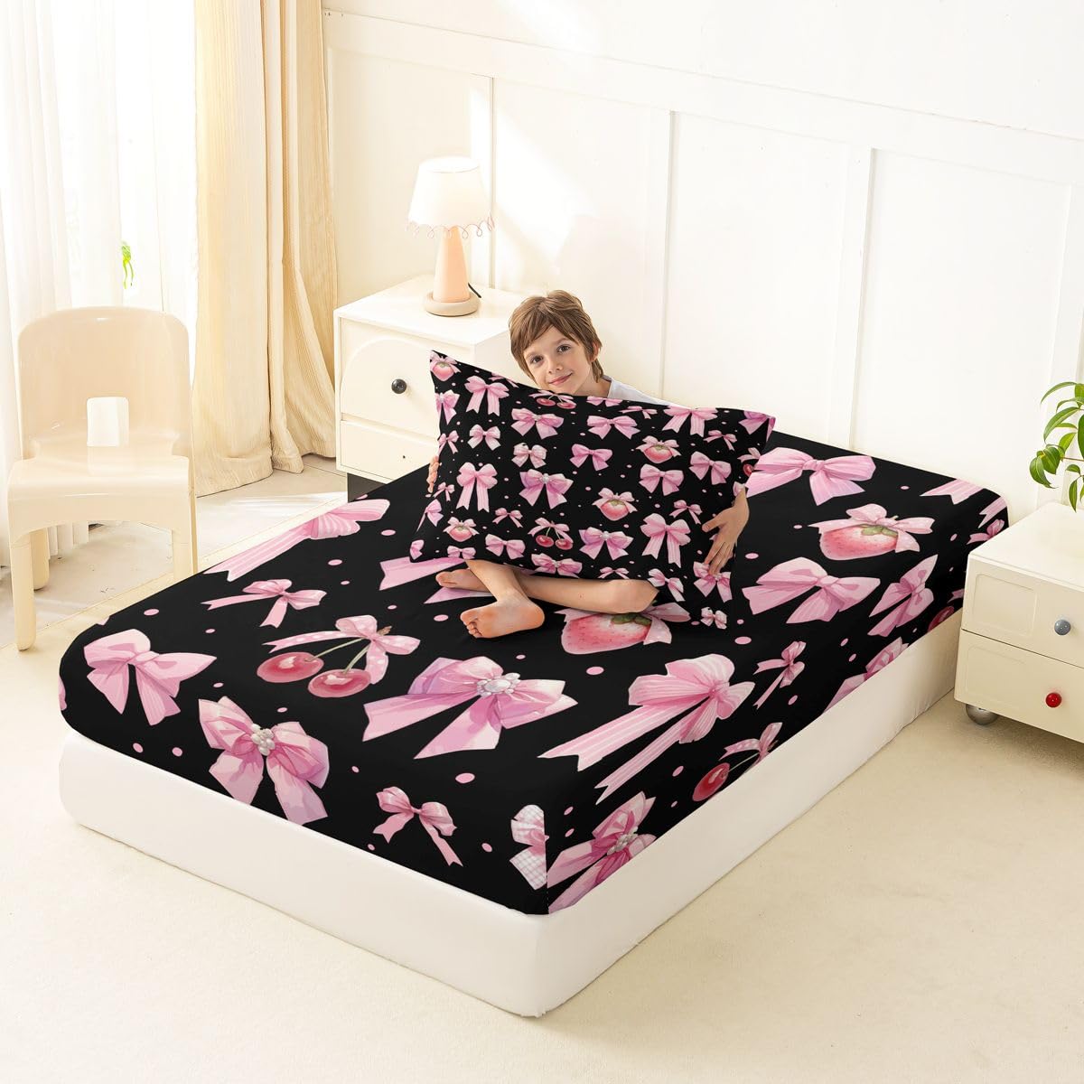 jejeloiu Black Pink Cute Strawberry Bow Fitted Sheet Twin Size for Kids Boys Girls Dreamy Princess Bowknot Bed Sheets Set 16" Deep Pocket Kawaii Coquette Bow Bedding with 1 Pillowcase Room Decor