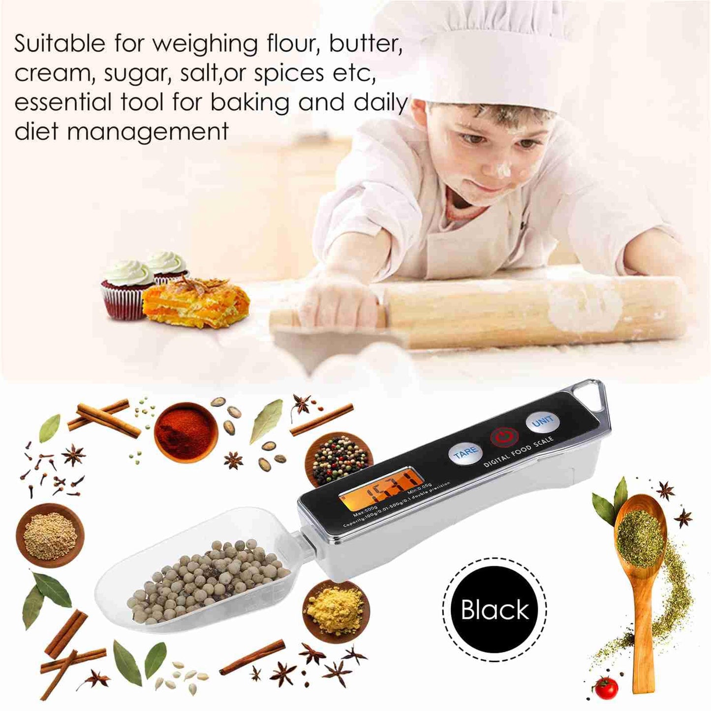 Digital Spoon Scale Electronic Measuring Spoon Scale with LCD Display, Electronic Measuring Spoon Scale Food Tare Function Capacity 0.05g to 500g g Kitchen Food Weighing Spoon Scale (Black)