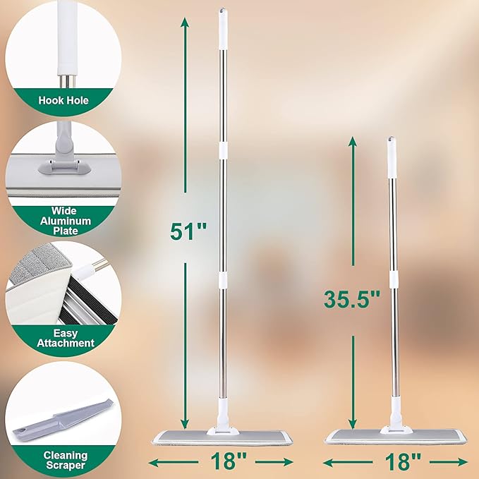 18" Professional Microfiber Mop Floor Cleaning System, Flat Mops