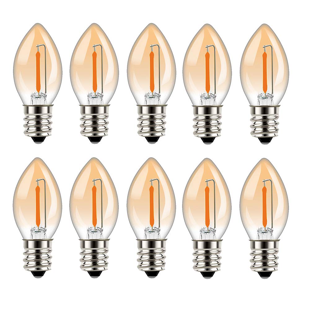 Tsunetani-C7 Edison 0.5W Equivalent to 5 Watt Incandescent LED Filament Mini Night Light Bulbs - E12 Candelabra Base 2200K Ultra Warm White for Home Decorate 50Lumens - 10Pack (Amber Glass)