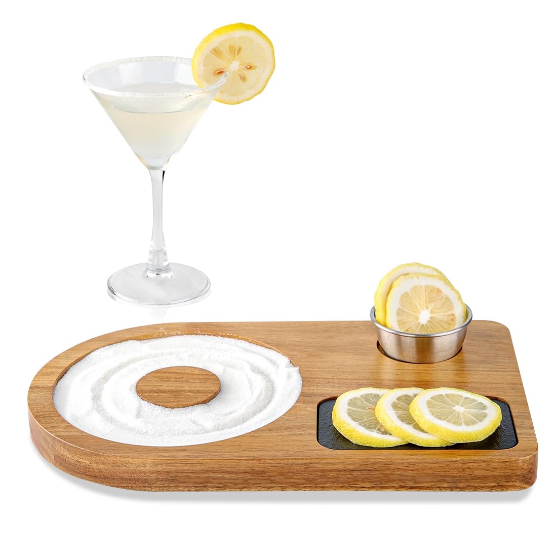 HALE OTEIR Margarita Salt Rimmer Set - Acacia Wood Cocktail Salt & Sugar Rim Maker with Slate Board, Lemon Slicer & Serving Bowl - Bartender Tools for Margaritas, Bar Accessories