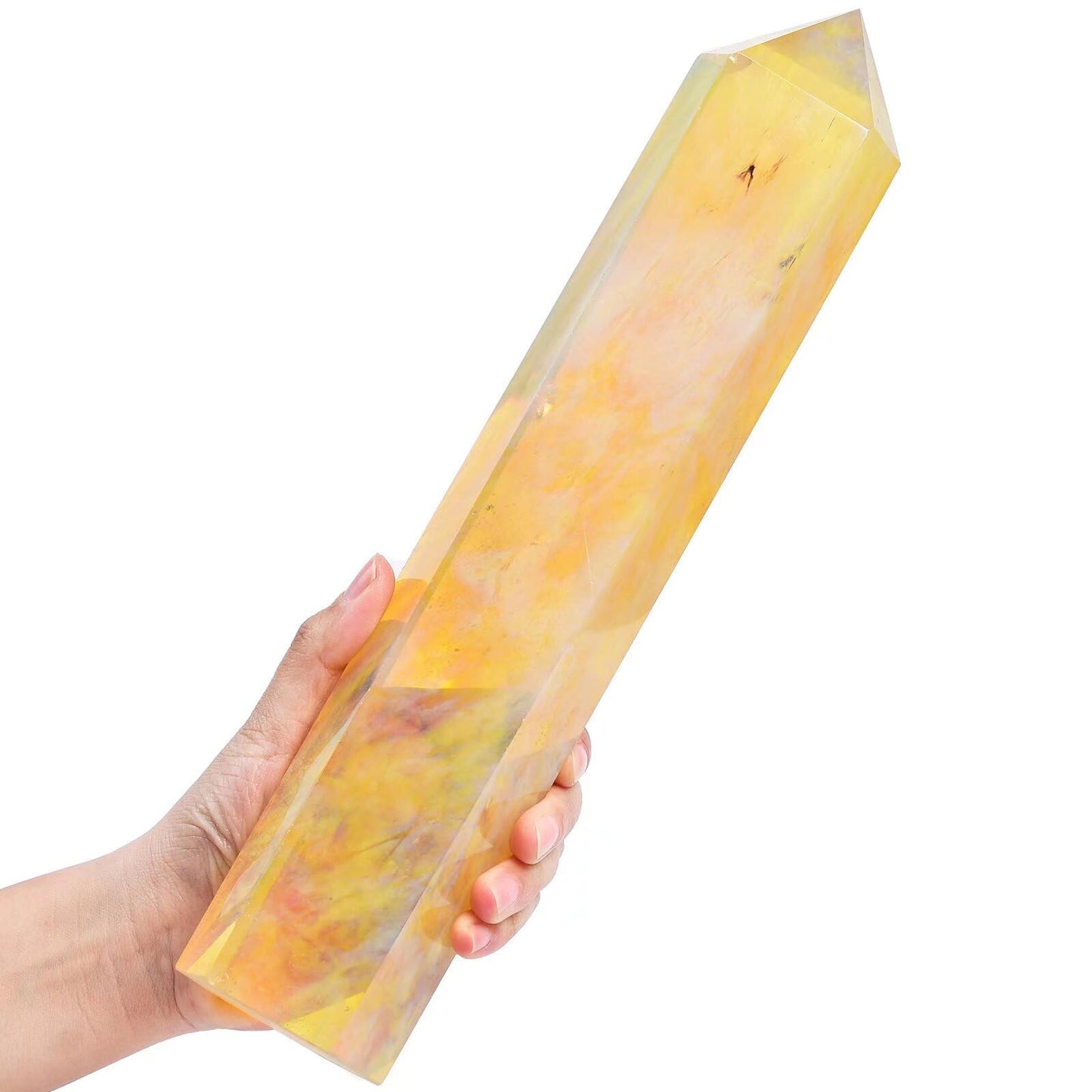 AMOYSTONE Large Smelting Yellow Quartz Wand Artificial Healing Crystal Stone Obelisk Tower 6 Faceted Column Reiki Chakra Meditation Gift 3.0-3.5 LBS
