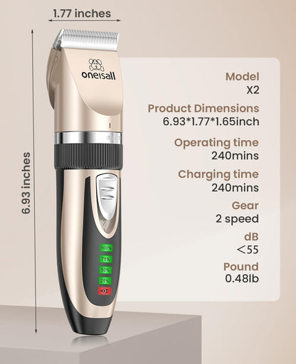 oneisall Quiet Cat Clippers for Matted Hair, 2-Speed Cordless Cat Grooming Kit Low Noise Pet Clipper Shaver for Dogs Cats Animals (Gold)