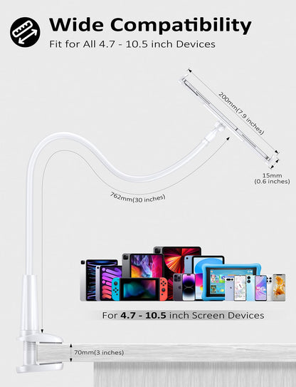 Tryone Gooseneck Tablet Holder Stand for Bed Adjustable Flexible Arm Tablets Mount Clamp on Table Compatible with iPad Air Mini | Galaxy Tabs | Kindle Fire | Switch or Other 4.7-10.5" Devices