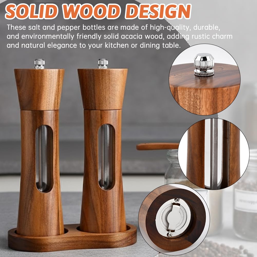 2Pack Wooden Salt and Pepper Grinder Set, 8-Inch Refillable Manual Salt and Pepper Mills with Clear View Window, Wood Shakers with Ceramic Grinder & Wooden Stand, Adjustable Coarseness