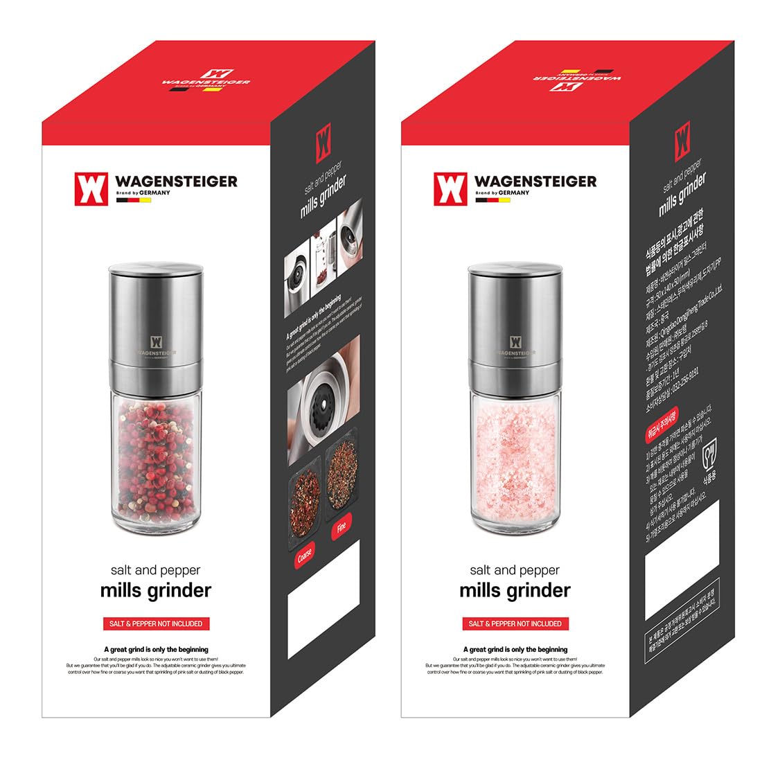 WAGENSTEIGER Manual Pepper Grinder 140mm Adjustable Ceramic Grinder, Stainless Steel & Glass Salt Pepper Mill, Refillable Spice Grinder