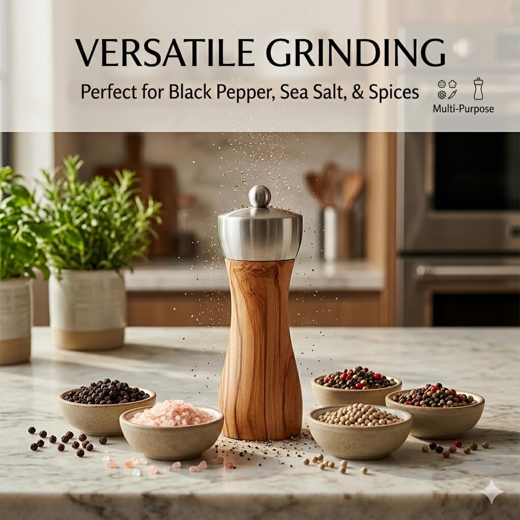 Tephra & Form 6" Olive Wood Pepper Grinder Mill, Adjustable Ceramic Core, Refillable Salt Pepper Shaker Kitchen Gift