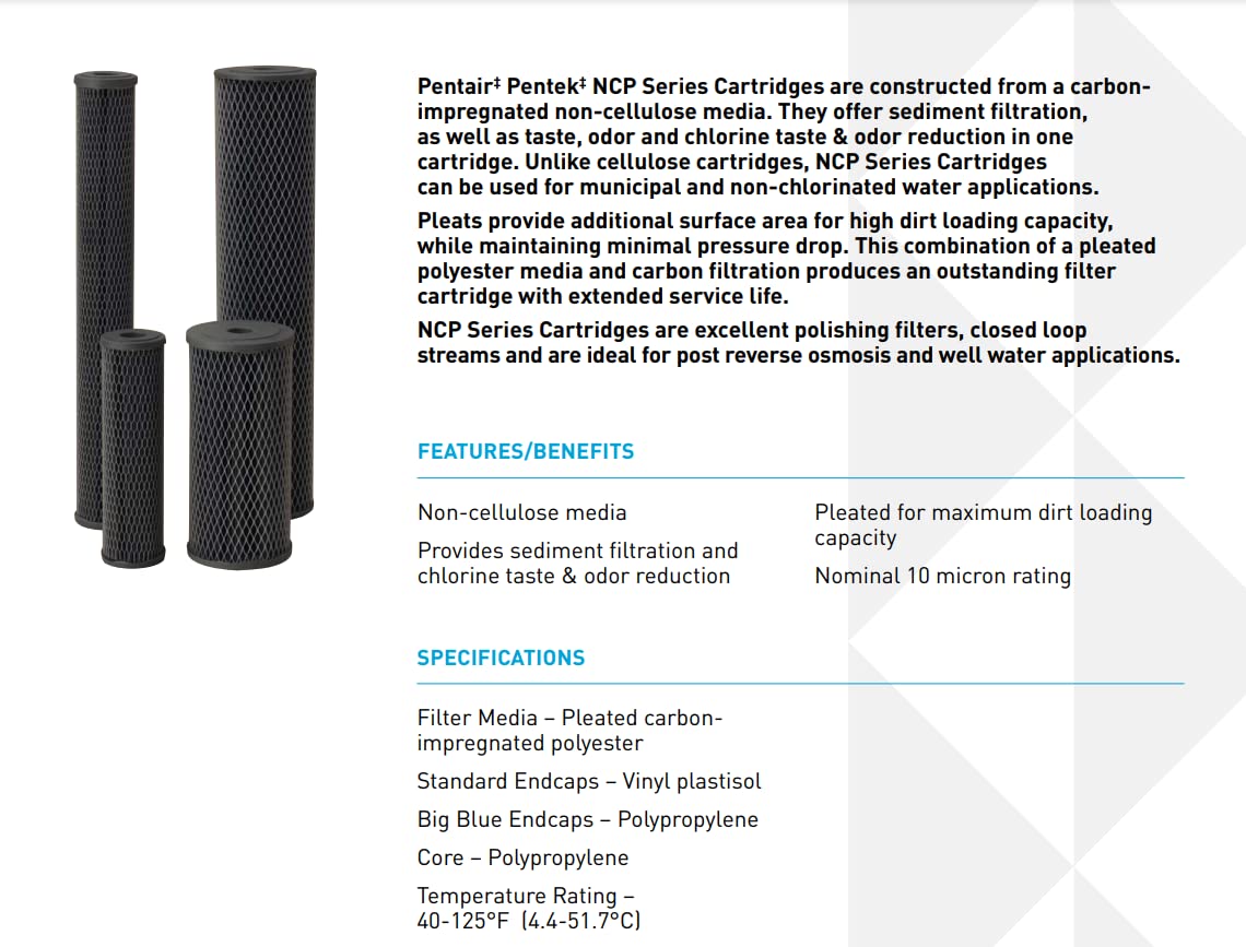 Pentair Pentek NCP-20BB Big Blue Carbon Water Filter, 20-Inch, Whole House Non-Cellulose Carbon Impregnated Pleated Filter Cartridge, 20" x 4.5", 10 Micron, Pack of 6, Gray