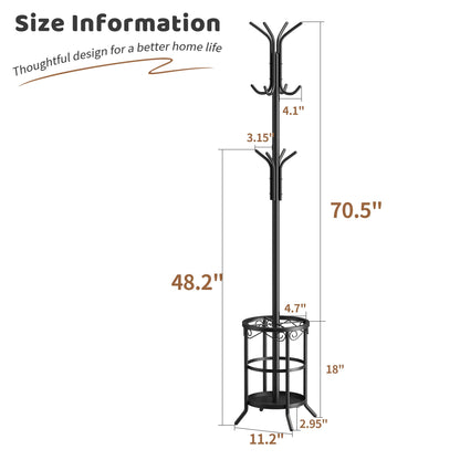 FILWH Coat Rack Freestanding with Umbrella Stand Coat Rack Stand with 12 Hooks Metal Coat Tree Coat and Hat Hanger Jacket Entryway(Black)