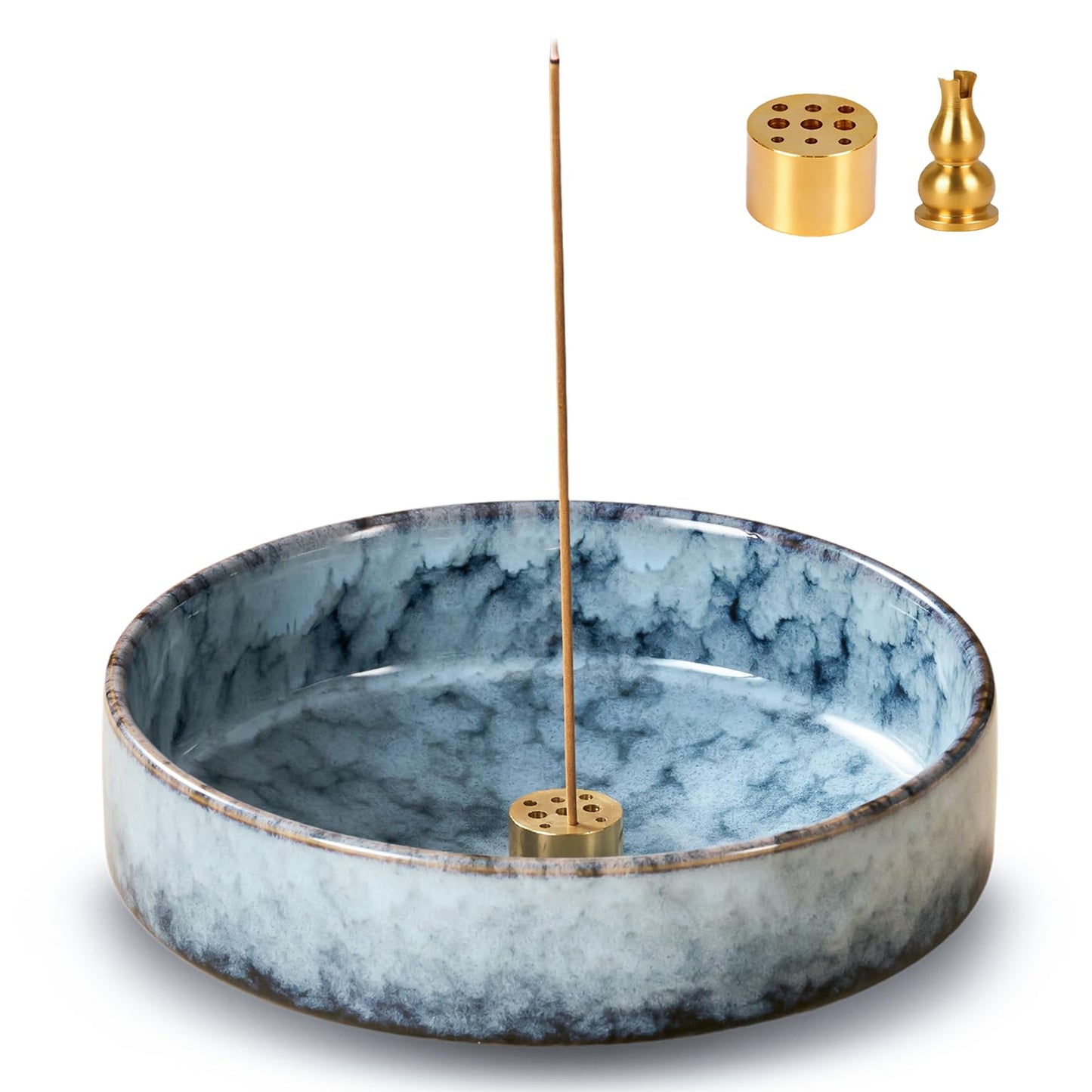 Fluvie 5.9" Ceramic Incense Holder with 10 Holes,5in1 Incense Tray for Sticks,Coil,Cone,Sage,Palo Santo,Handcrafted Burner Ash Catcher Smudge Bowl for Yoga Meditation Energy Cleansing Room Décor,Blue