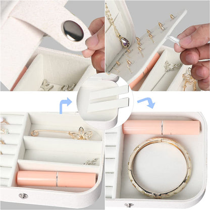 Travel Jewelry Box, Small Jewelry Organizer Boxes for Women Girls, 2 Layer Travel Jewlery Case, PU Leather Mini Portable Jewerly Storage Display Holder for Earrings, Ring, Necklaces, Bracelets - White