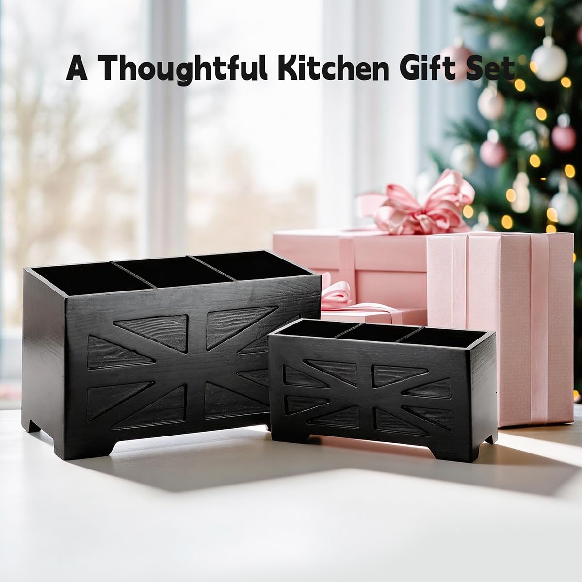 PEKER Wooden Utensil Holder, Black Kitchen Countertop Organizer with Removable Divider, 3 Compartments Pine Wood Utensil Crock with Drainage Hole & Non-Slip Base, 2 Pack