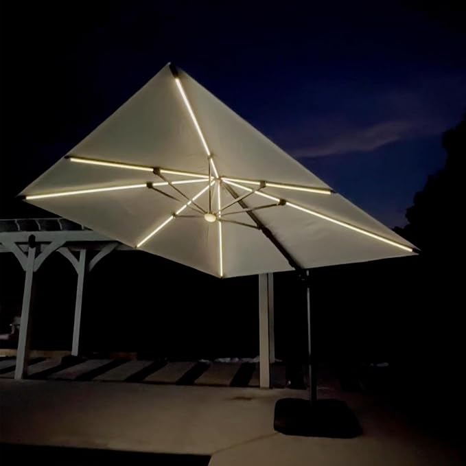 PURPLE LEAF 10 Feet Patio Umbrella with Base Outdoor Cantilever Solar Powered LED Swivel Square Umbrella Aluminum Offset Umbrella with 360-degree Rotation for Garden Deck Pool Patio White