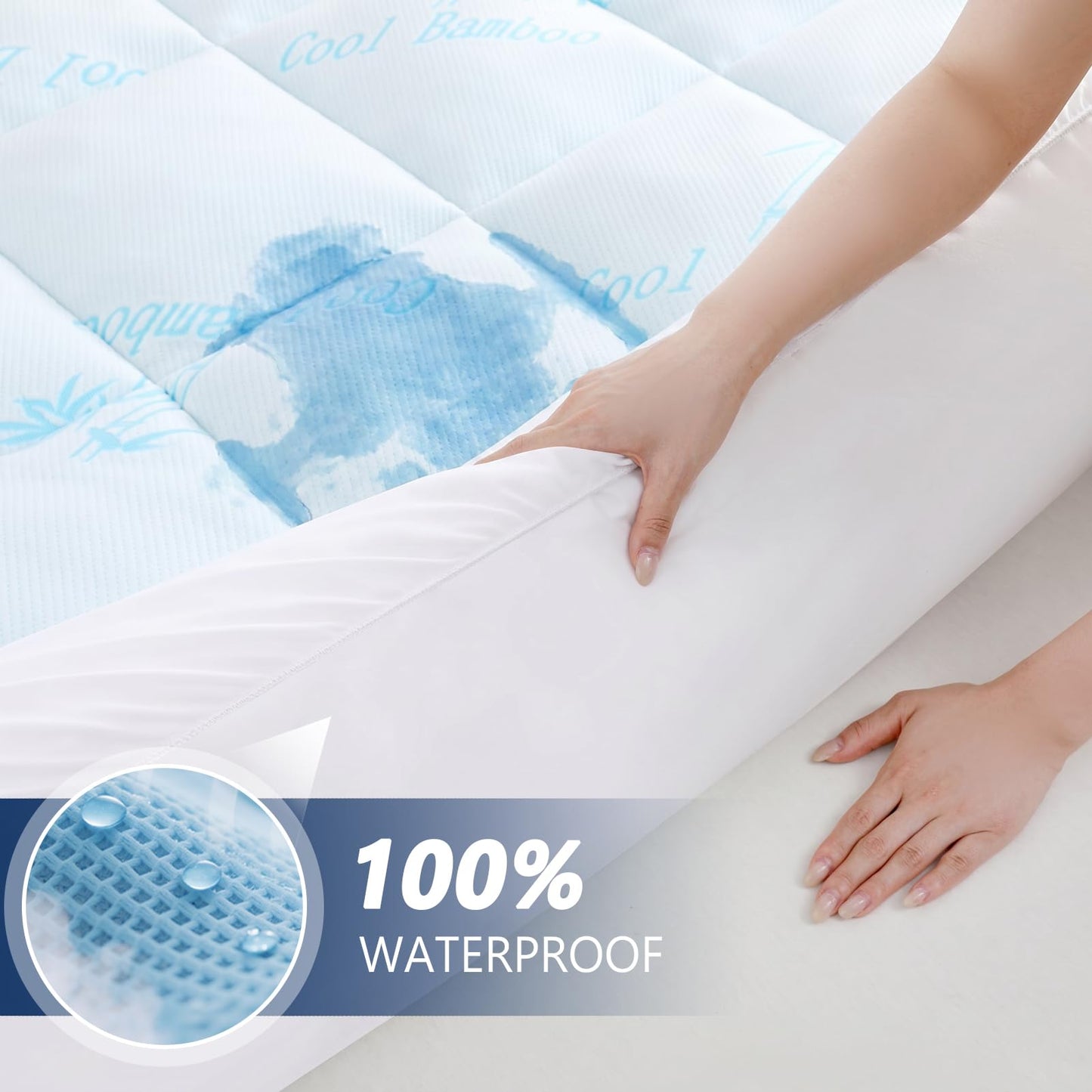 DOWNCOOL 100% Waterproof Twin Mattress Topper, Cooling Pillow Top Memory Foam Mattress Topper for Hot Sleepers, Viscose Derived from Bamboo, Deep Pocket Fits 8-21 Inch