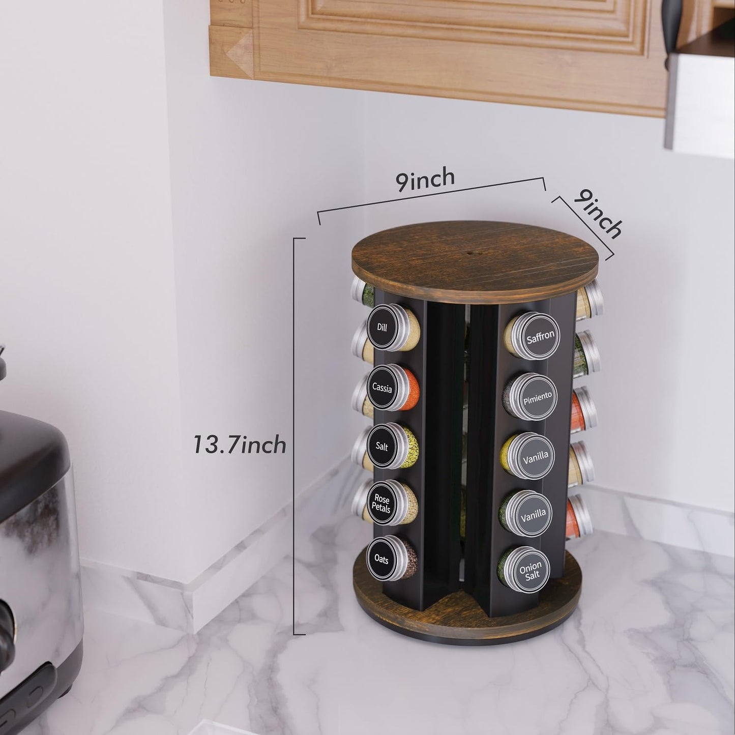 Revolving Spice Rack Set with 20 Spice Jars, Kitchen Spice Tower Organizer for Countertop or Cabinet -- Carousel Storage Includes 386 Spice Labels -- Desktop Rotating Seasoning Organizer