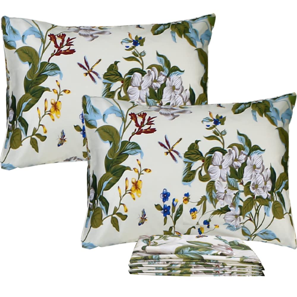 FADFAY Shabby Floral Sheets King 100% Cotton 600 TC White Flower and Green Leaves Bedding Vintage Garden Botanical Print Country Side Bed Sheet Soft Deep Pocket Sheet 17.5'',Beige