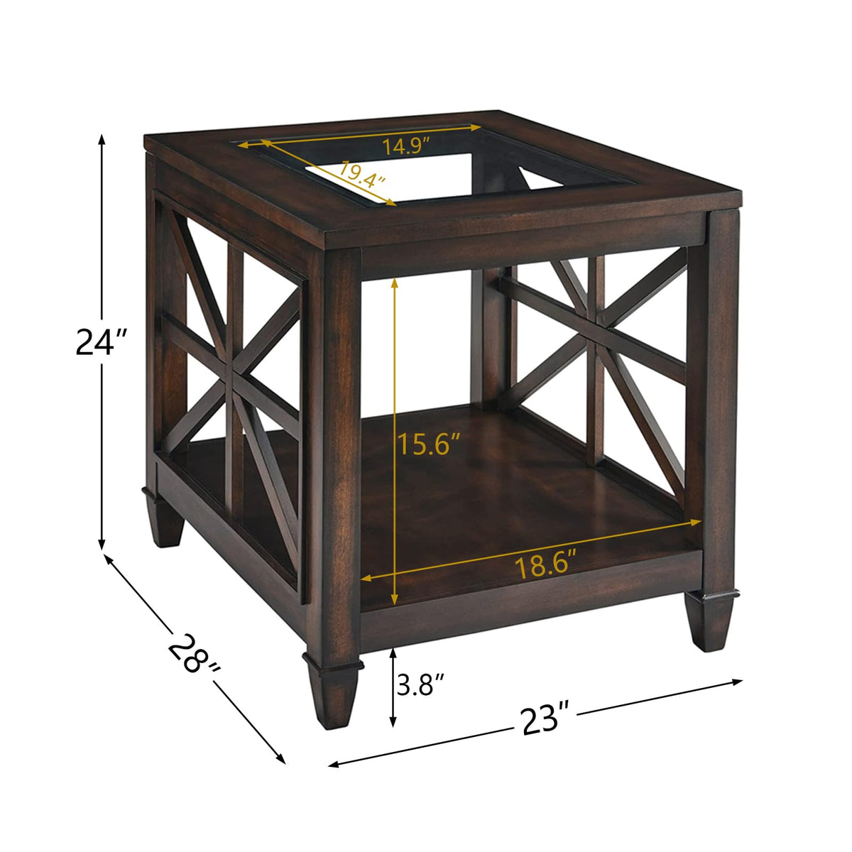 BAXMUY Solid Wood End Table with Tempered Glass Top, 28" x 24" Large Farmhouse Side Table for Living Room, Bedroom & Office, Vintage Walnut
