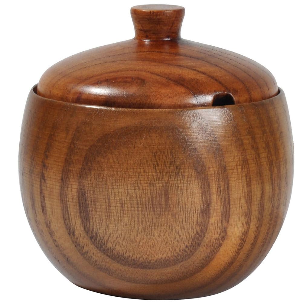 Zerodeko Wooden Seasoning Box with Lid and Spoon Solid Wood Condiment Pot Kitchen Seasoning Holder for Salt Sugar Spices 3.54X3.54X2.51In