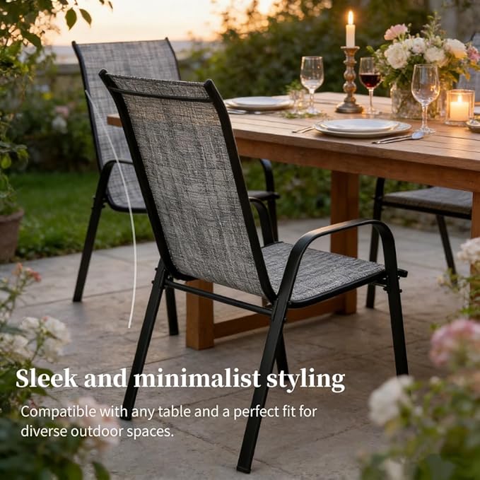 MAMIZO Patio Dining Chairs, Stackable All Weather Teslin Chair, Heavy Duty Outdoor Breathable Chairs Set, w/Armrests, Upgraded Chair FeetW/Strenthened Iron Spacers, 330 LBS (4, Grey)