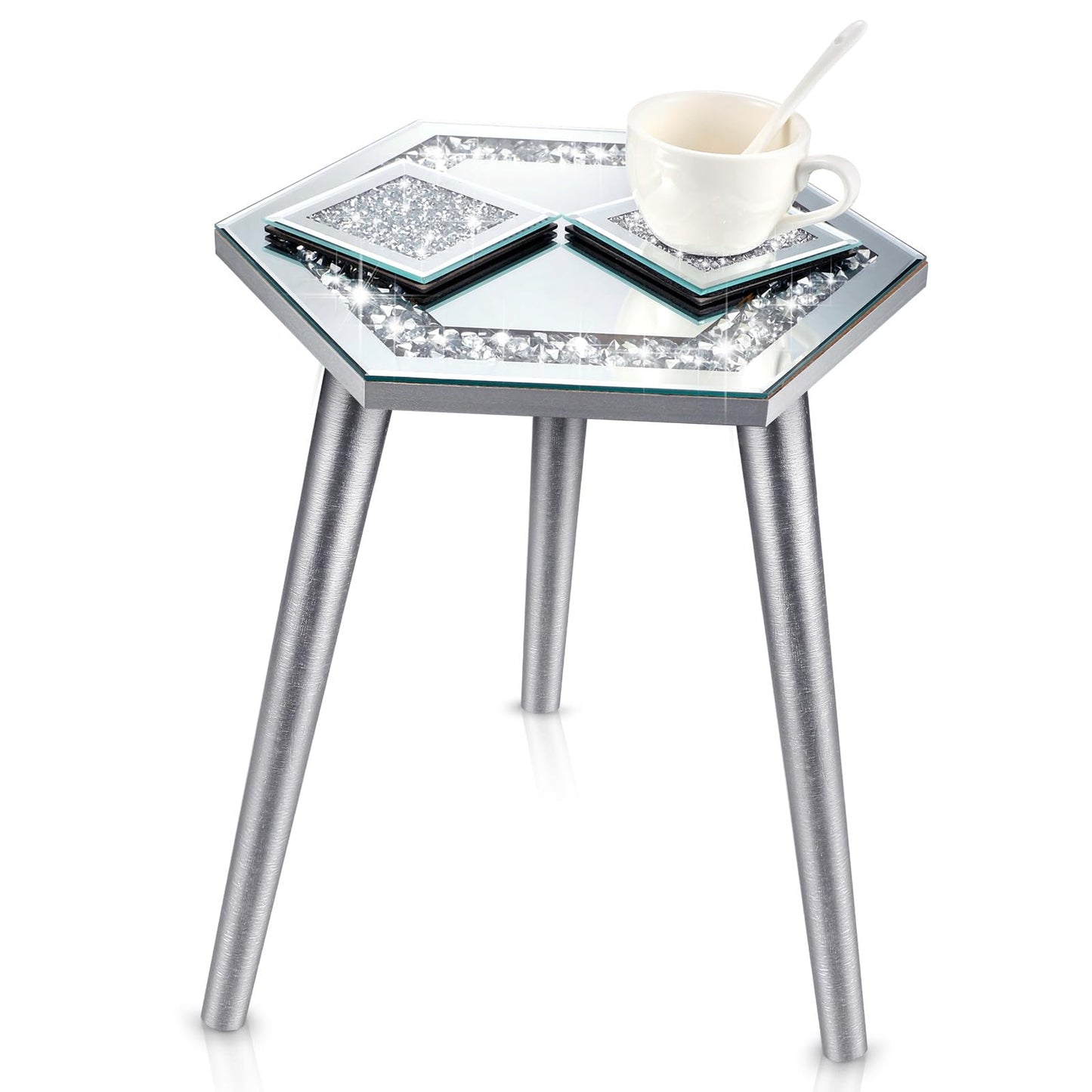 Weysat 3 Pcs Mirrored End Table with Glass Coaster Modern Silver Accent Table Bling Mirror Side Desk Crushed Crystal Coasters Crushed Diamond Cup Mat for Living Room Kitchen (Hexagonal)