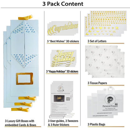 Medium Pack Of 3 Luxury White Gift Box 10x8x5 Inches – Personalized Mother's Name DIY Kit, Magnetic Lid & Bow – 3D “Congratulations” Text, Card & Bag – Mother's day, Birthdays, Weddings, Bridesmaid Proposals & More