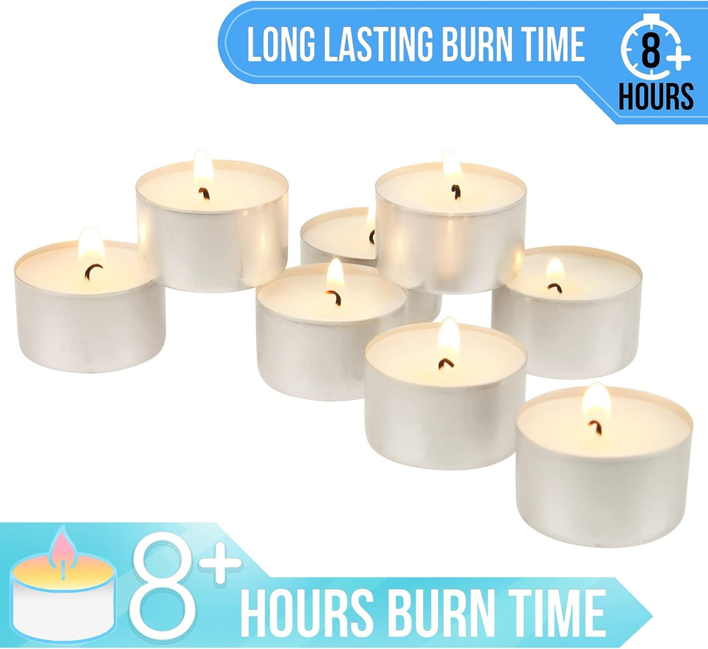 Stonebriar 100 Pack Unscented 8 Hour Extended Burn Time Tea Light Candles, White, 100 Count
