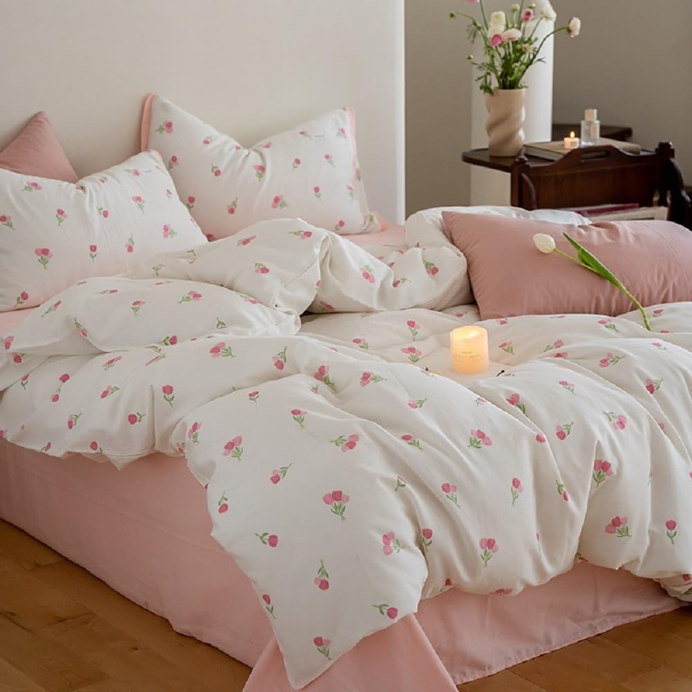 Erwinmu Floral Comforter Set King Size - 3 Pieces Pink White Floral Comforter Bedding Sets Tulips Pattern,King Bed in a Bag with Heart Comforter and 2 Pillowcases