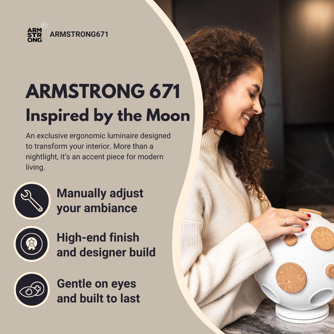 ARMSTRONG 671 Moon-Inspired Table Lamp, Adjustable Glow, Interactive Cork Details, Ergonomic Design,Ivory and Gray Available (Ivory)
